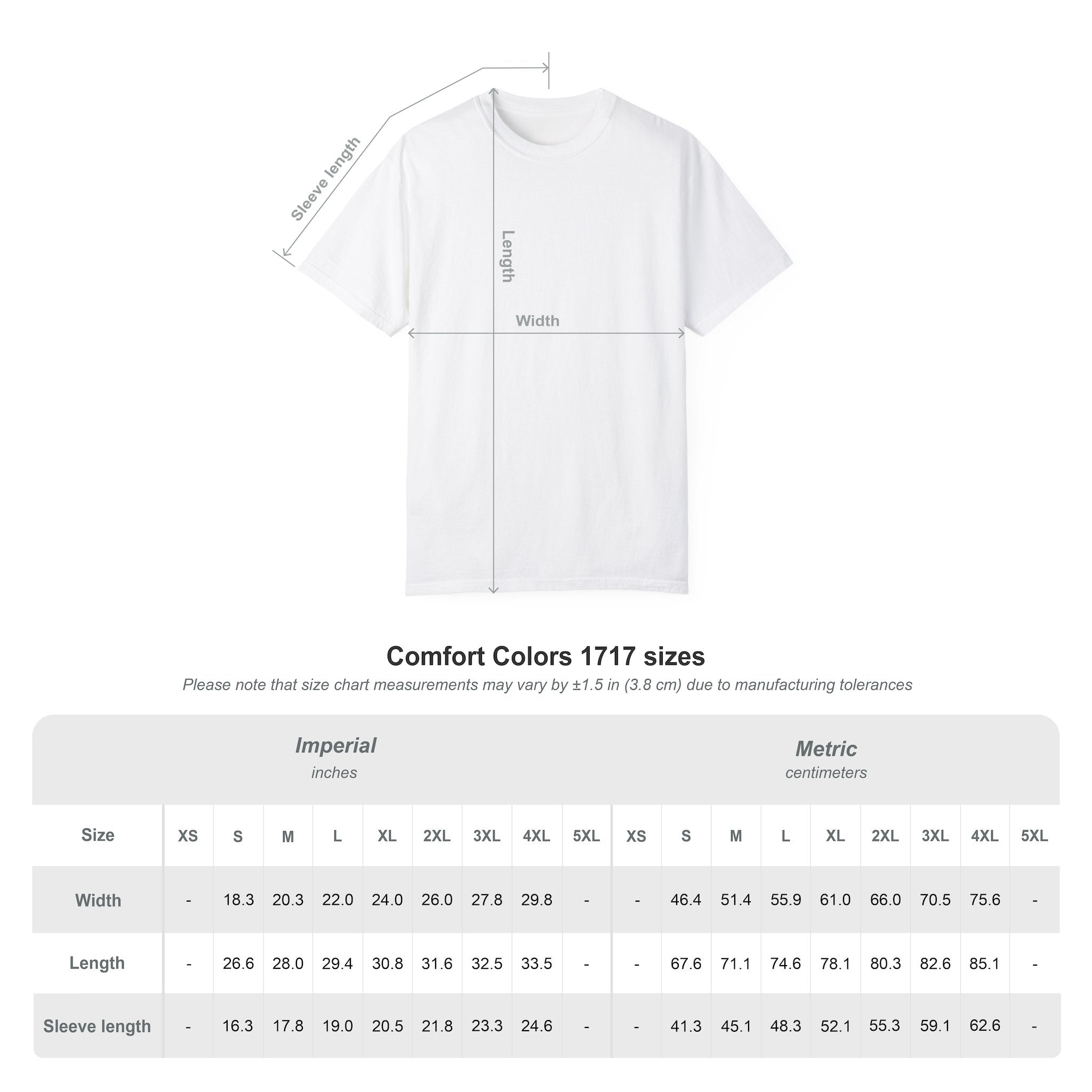Comfort Colors size chart - Unisex Cotton T-shirt Style 1717