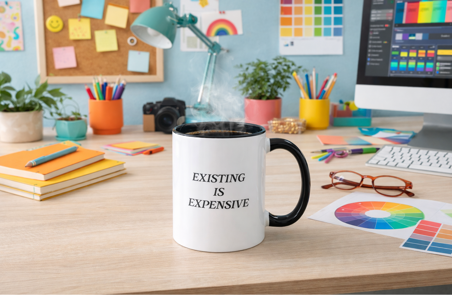 Mug with 'Existing is Expensive' on a desk with office supplies and decor.