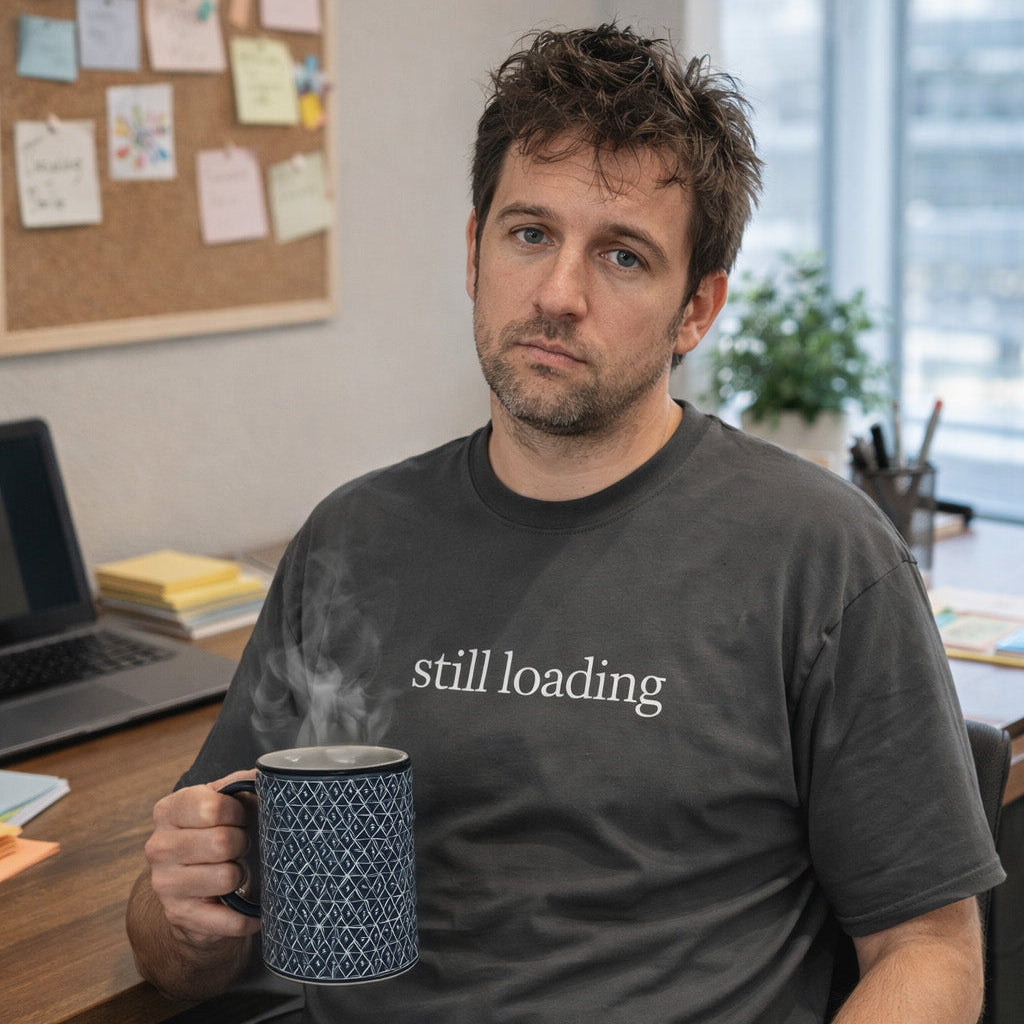 Man sitting at a desk holding a mug with 'still loading' text, in an office setting.